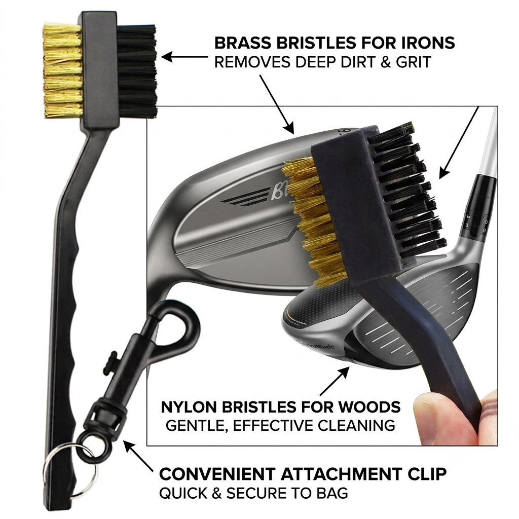 Dual-Sided Golf Club Brush | Brass & Nylon Bristles with Bag Clip
