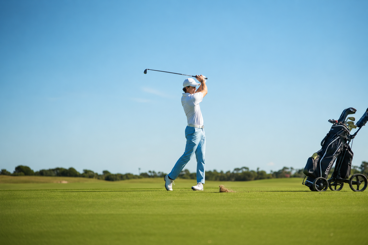 Golfer walking on a fairway beside a golf bag